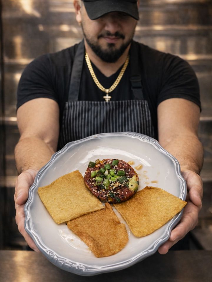 Chef Ronaldo Medrano in his kitchen, holding a plated dish toward the camera.